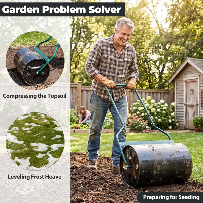12-Gallon Lawn Compaction Roller – Adjustable Water- or Sand-Filled Drum with U-Shaped Handle