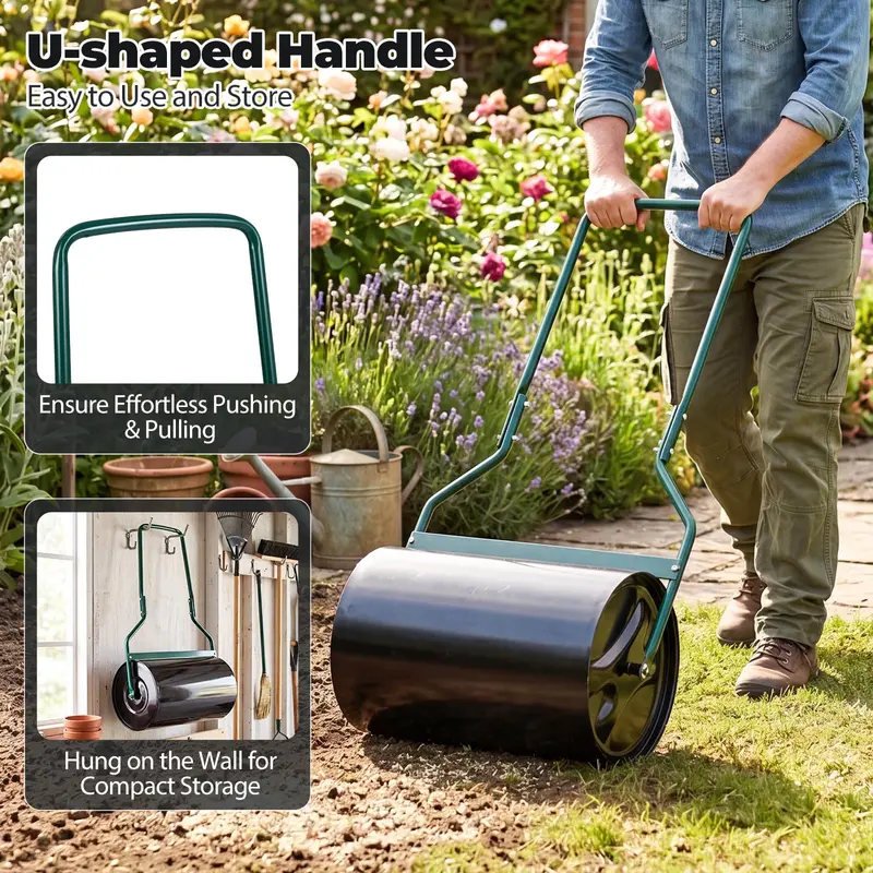12-Gallon Lawn Compaction Roller – Adjustable Water- or Sand-Filled Drum with U-Shaped Handle