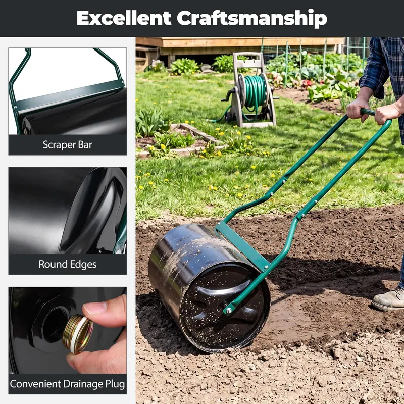12-Gallon Lawn Compaction Roller – Adjustable Water- or Sand-Filled Drum with U-Shaped Handle