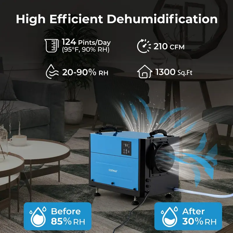124-Pint Crawl Space Dehumidifier for Up to 1,300 Sq. Ft — Includes Extended 9.8-Foot Drain Hose and Remote Control Panel