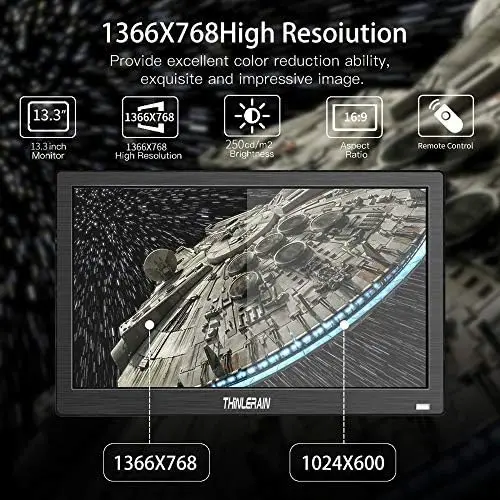 13.3-Inch Mini LED Monitor – 1366×768 Resolution, Multi-Input (HDMI/VGA/AV/BNC/USB), Built-in Speaker