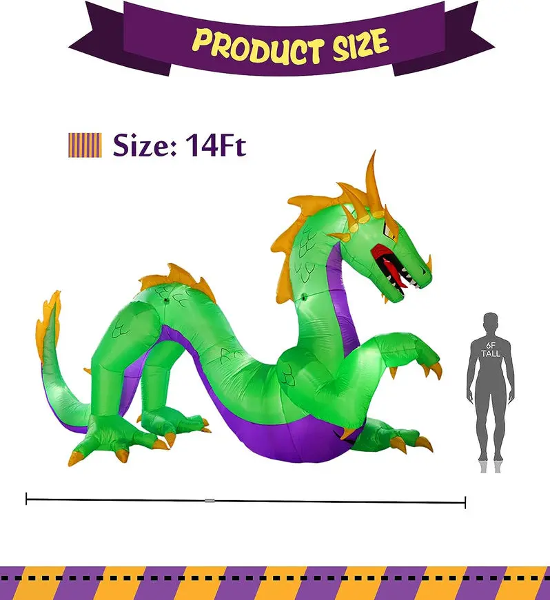 14-Foot Giant Inflatable Dragon with Built-In Fan – Standalone Halloween Yard Decoration