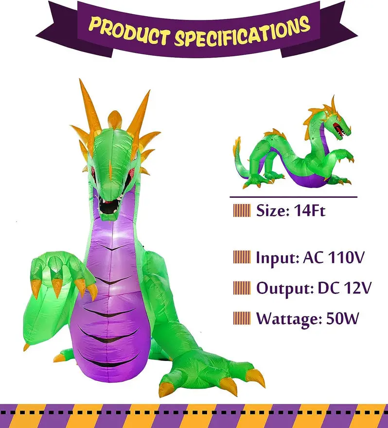 14-Foot Giant Inflatable Dragon with Built-In Fan – Standalone Halloween Yard Decoration