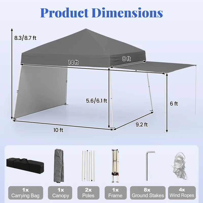 14' x 9.2' Pop-Up Canopy Tent – UPF50+ Sun-Protective Outdoor Shelter Featuring Two Sidewalls & Adjustable Slant Legs