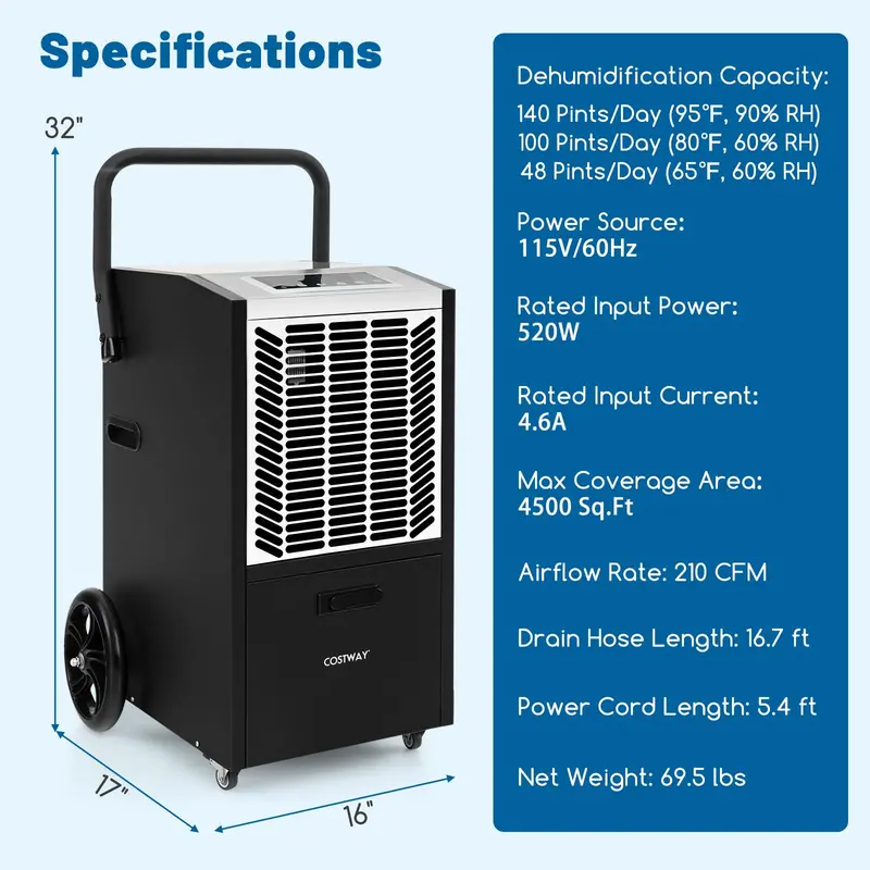 163-Pint Heavy-Duty Commercial Dehumidifier – Built-In Pump & Hose for Large-Space Moisture Control