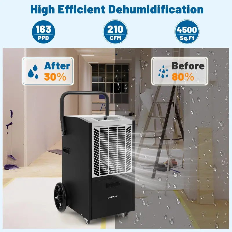 163-Pint Heavy-Duty Commercial Dehumidifier – Built-In Pump & Hose for Large-Space Moisture Control