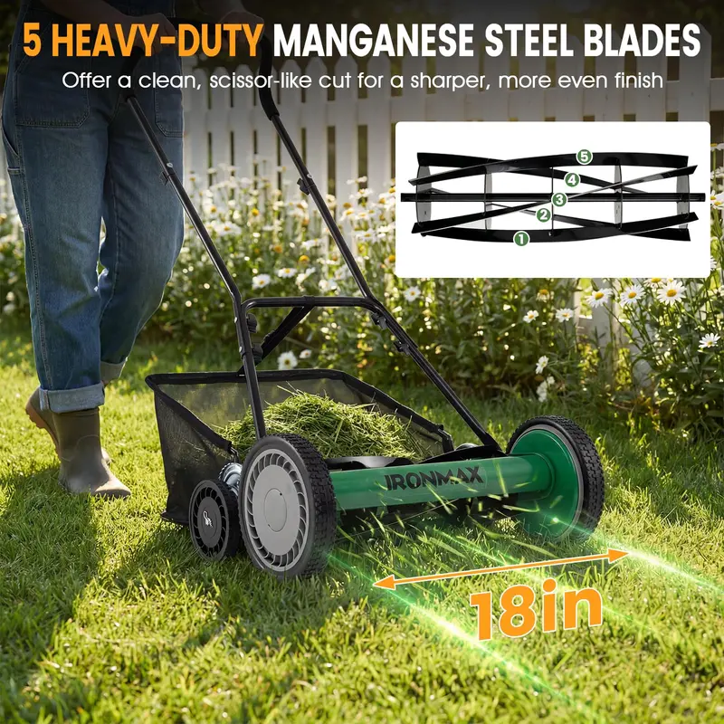 18-Inch Push Reel Lawn Mower with 5-Blade Manganese Steel Cutting Assembly 2