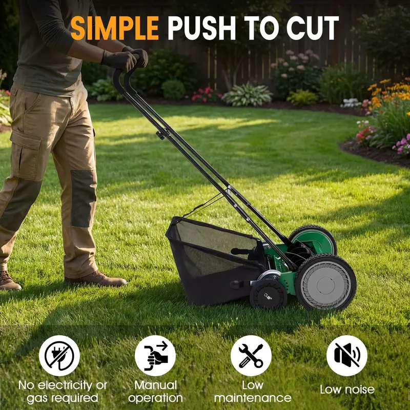 18-Inch Push Reel Lawn Mower with 5-Blade Manganese Steel Cutting Assembly