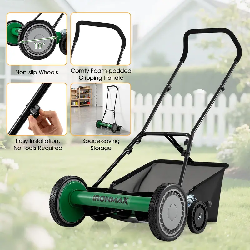 18-Inch Push Reel Lawn Mower with 5-Blade Manganese Steel Cutting Assembly