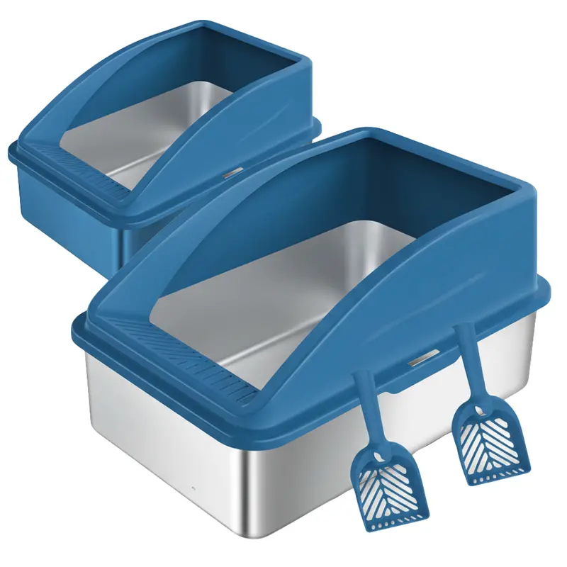 2-Pack High-Wall Stainless Steel Cat Litter Boxes with Matching Scoops