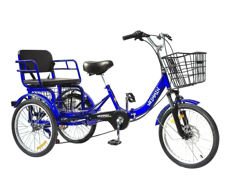 20-Inch 7-Speed Foldable Adult Tricycle – Blue Star-Striped Comfort Trike for Easy Commuting