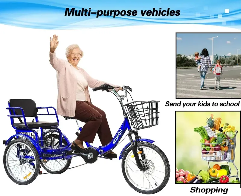 20-Inch 7-Speed Foldable Adult Tricycle – Blue Star-Striped Comfort Trike for Easy Commuting