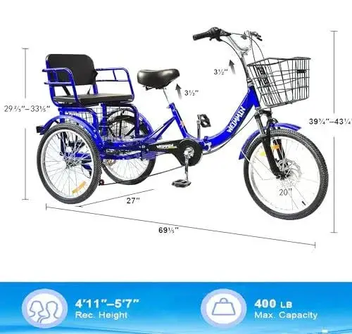 20-Inch 7-Speed Foldable Adult Tricycle – Blue Star-Striped Comfort Trike for Easy Commuting