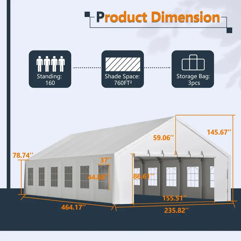 20x40 FT Commercial-Grade Event Tent – Waterproof Canopy with Zippered Entry, Detachable Sidewalls & 3 Carry Bags