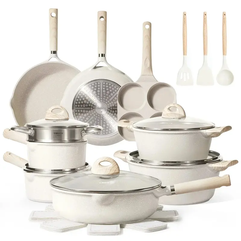 21-Piece Induction-Compatible Granite-Coated Nonstick Cookware Set – Beige Finish