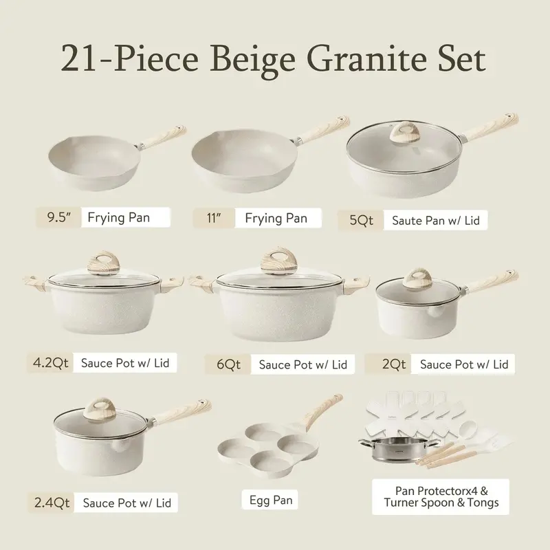 21-Piece Induction-Compatible Granite-Coated Nonstick Cookware Set – Beige Finish