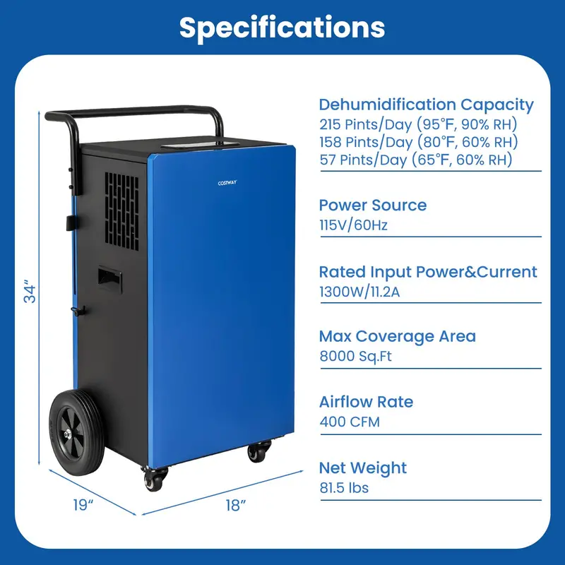 215-Pint Industrial-Strength Dehumidifier – Commercial Unit with 24-Hour Timer & Drain Hose