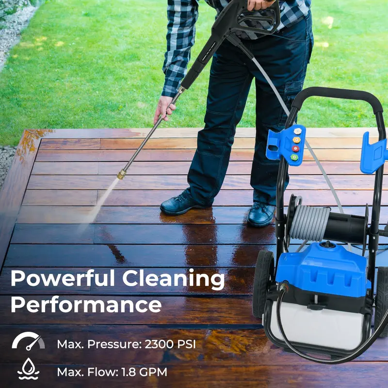 2300 PSI Electric Pressure Washer – 1.8 GPM Heavy-Duty Cleaner with 5 Quick-Swap Nozzles & Mobility Wheels