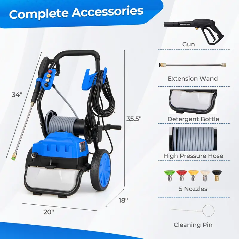 2300 PSI Electric Pressure Washer – 1.8 GPM Heavy-Duty Cleaner with 5 Quick-Swap Nozzles & Mobility Wheels
