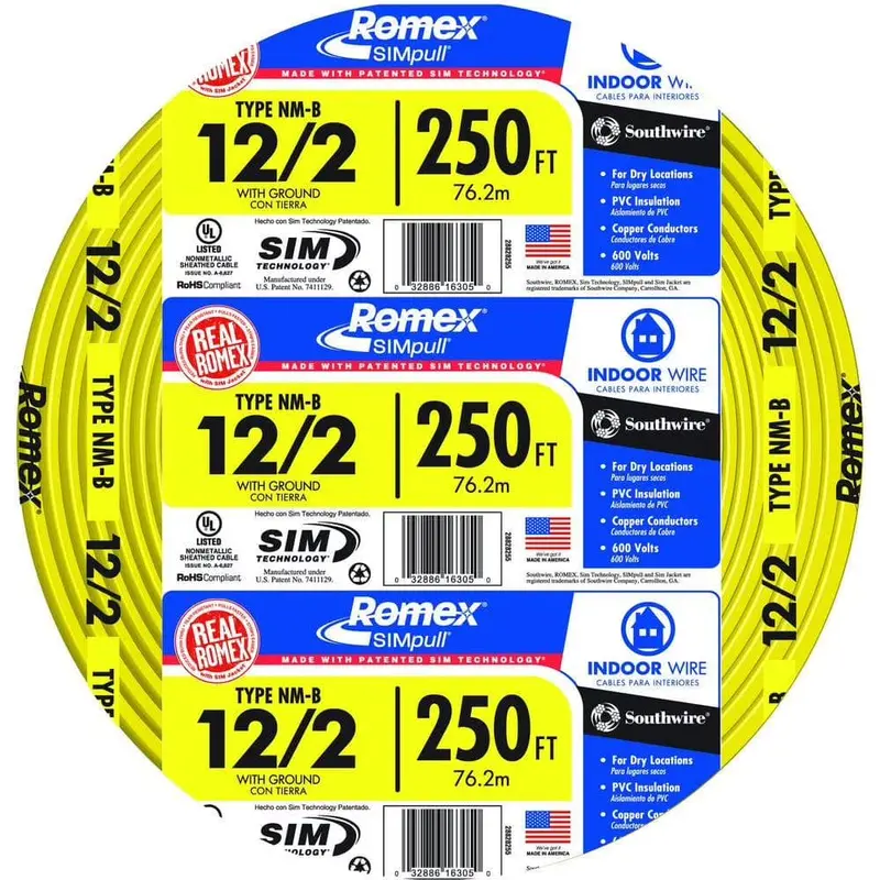 250-Foot 12/2 NM-B Romex Cable – SIMpull Solid Copper Non-Metallic Sheathed Wire with Ground
