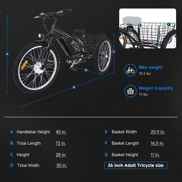 26-Inch Adult Electric Tricycle – Three-Wheel Fat-Tire E-Trike Featuring Front Basket, 7-Speed Drivetrain & 350W Motor