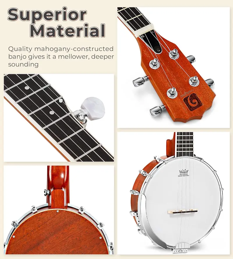 26-Inch Travel Banjo Kit – Beginner-Friendly Mini Banjo with Remo Head, Open/Closed Back Options & Carry Bag