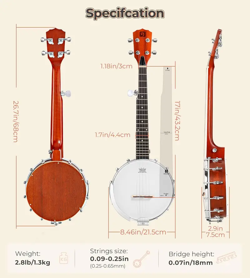 26-Inch Travel Banjo Kit – Beginner-Friendly Mini Banjo with Remo Head, Open/Closed Back Options & Carry Bag