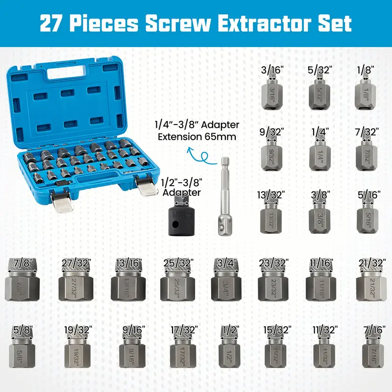 27-Piece Broken Bolt and Screw Extractor Kit – High-Carbon Steel Tools