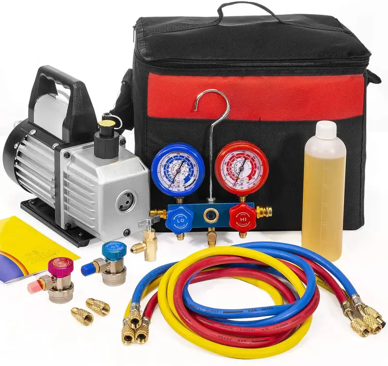3 CFM HVAC Vacuum Pump – 1/4 HP Refrigeration Service Tool with Manifold Gauge Set