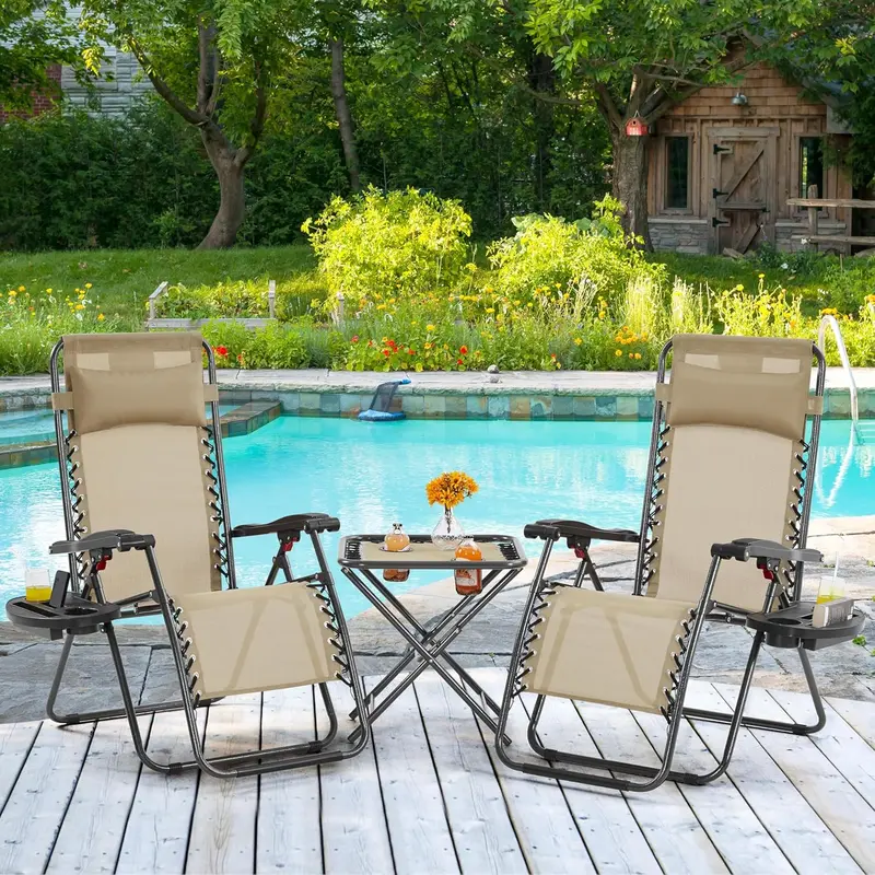 3-Piece Zero Gravity Recliner Ensemble – Portable Chaise Lounges with Integrated Side Tables