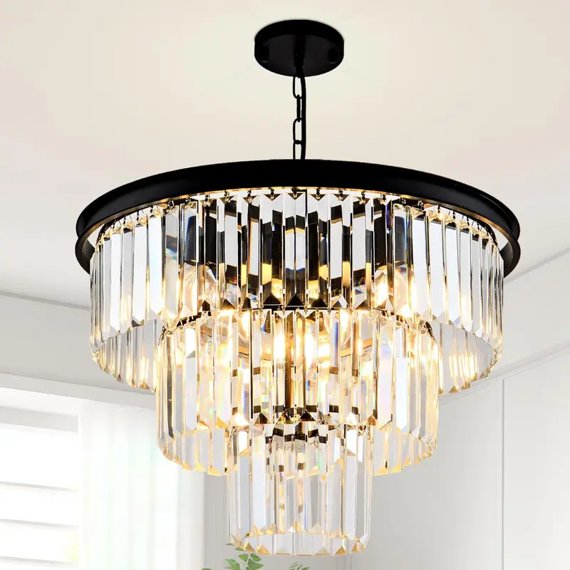 3-Tier K9 Crystal Chandelier – Multi-Level Sparkling Pendant Featuring Premium Cut Glass Elements