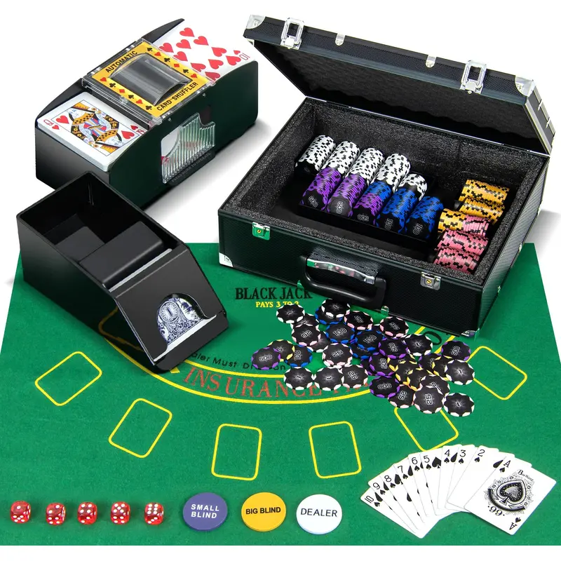 300-Piece 14g Clay Poker Chip Set with Protective Storage Case and Built-In Automatic Card Shuffler