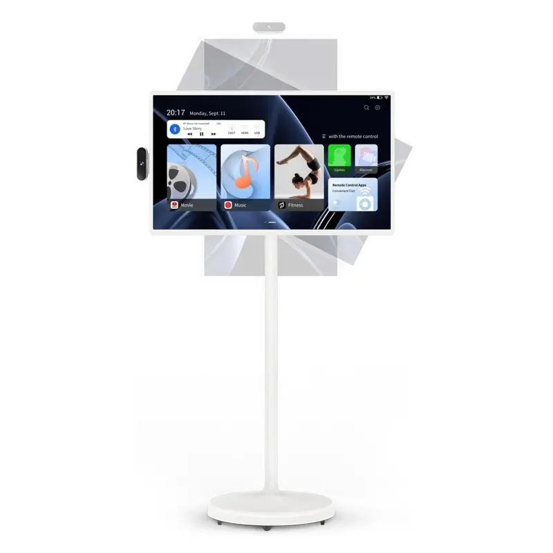 32-Inch Portable Android 13 Smart TV on Mobility Cart – FHD 1080P, 360° Rotating Touch Display, 8GB RAM + 128GB Storage, Internal Battery & Voice-Control Remote