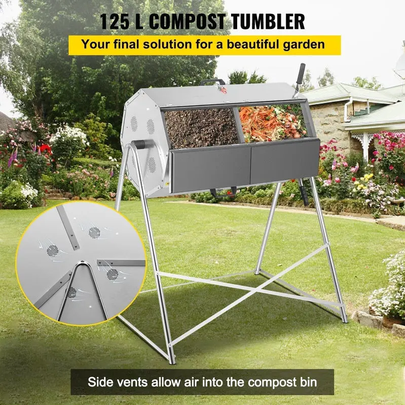 33-Gallon Dual-Chamber Rotating Steel Compost Tumbler for Efficient Outdoor Composting