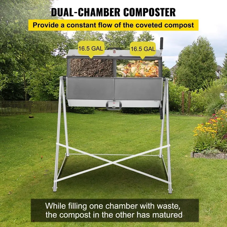 33-Gallon Dual-Chamber Rotating Steel Compost Tumbler for Efficient Outdoor Composting
