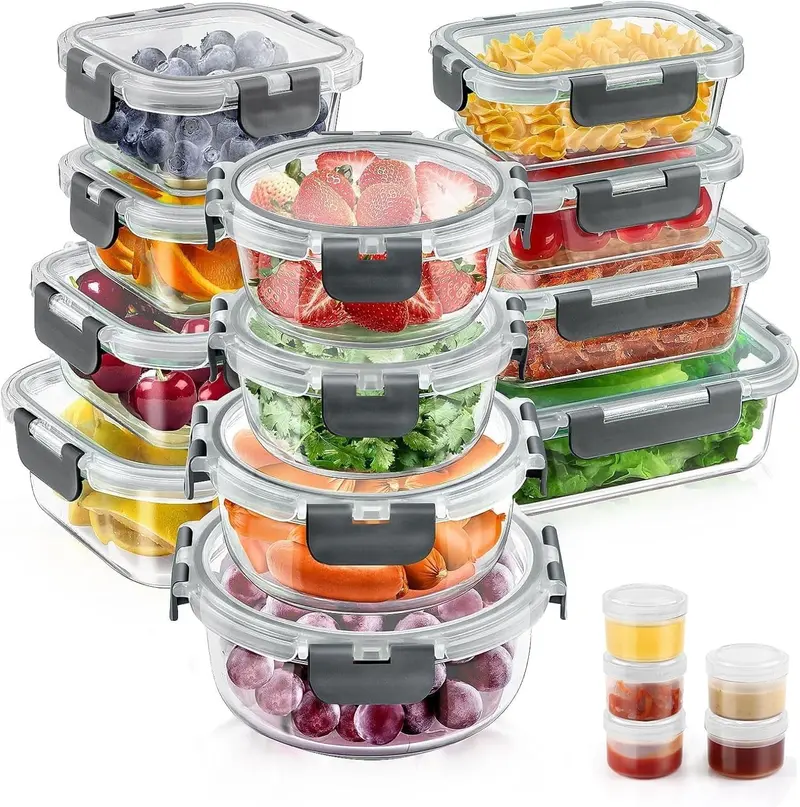 34-Piece Airtight Glass Food Storage Set – 17 Stackable Containers + Matching Lids for Efficient Meal Prep (Grey Finish)