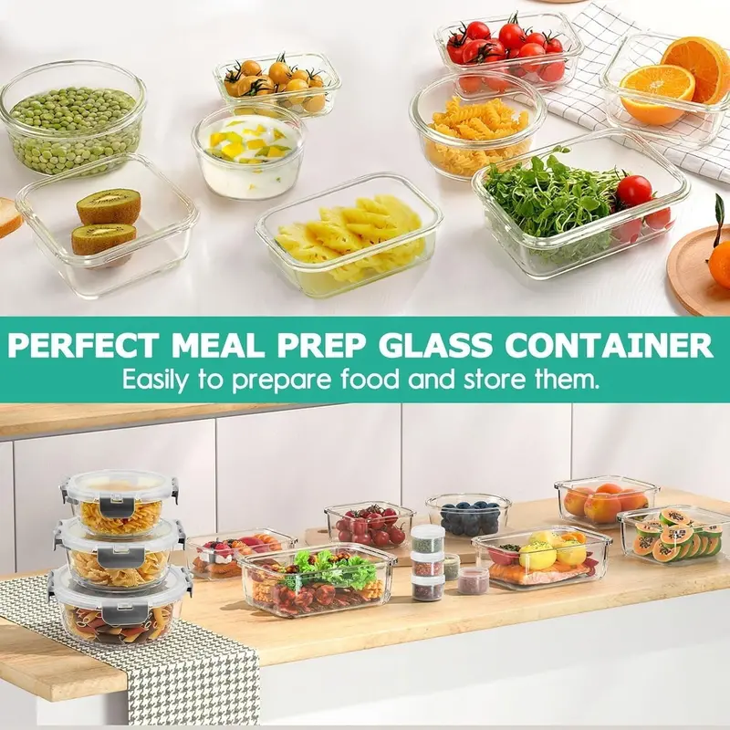 34-Piece Airtight Glass Food Storage Set – 17 Stackable Containers + Matching Lids for Efficient Meal Prep (Grey Finish)