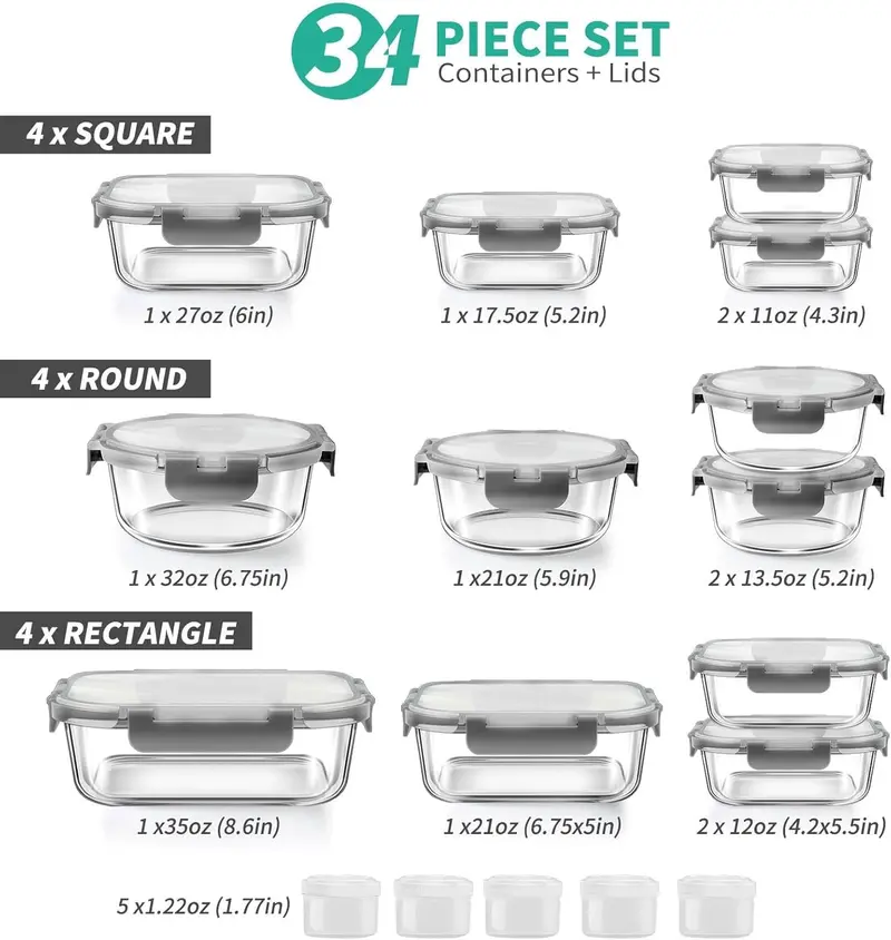 34-Piece Airtight Glass Food Storage Set – 17 Stackable Containers + Matching Lids for Efficient Meal Prep (Grey Finish)