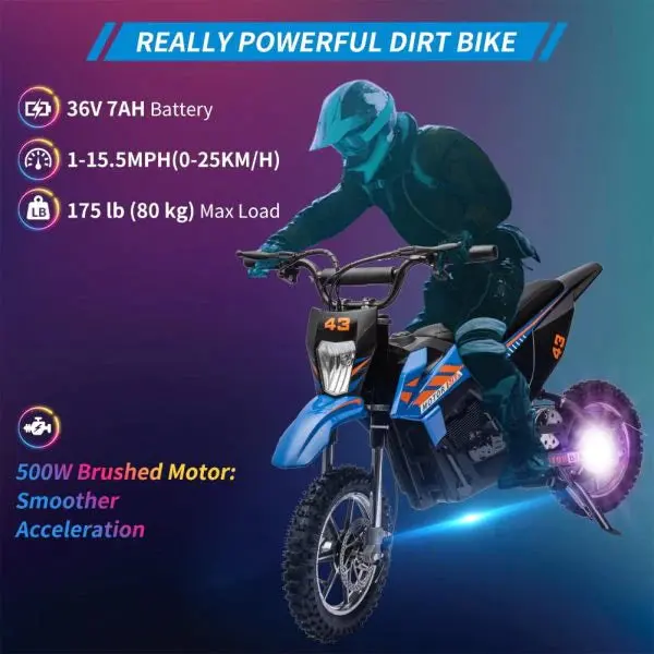 36V Electric Kids’ Dirt Bike — 350W Motor, 15.5 MPH Top Speed, LED Lighting, and 175-Lb Load Capacity (Blue)