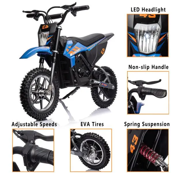 36V Electric Kids’ Dirt Bike — 350W Motor, 15.5 MPH Top Speed, LED Lighting, and 175-Lb Load Capacity (Blue)