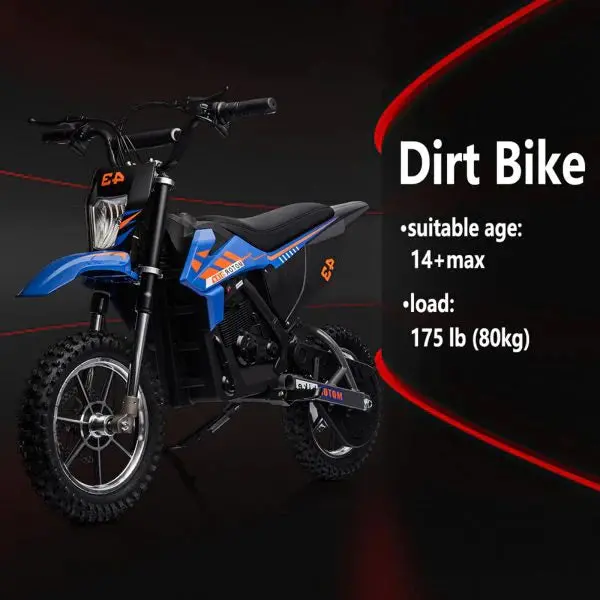 36V Electric Kids’ Dirt Bike — 350W Motor, 15.5 MPH Top Speed, LED Lighting, and 175-Lb Load Capacity (Blue)