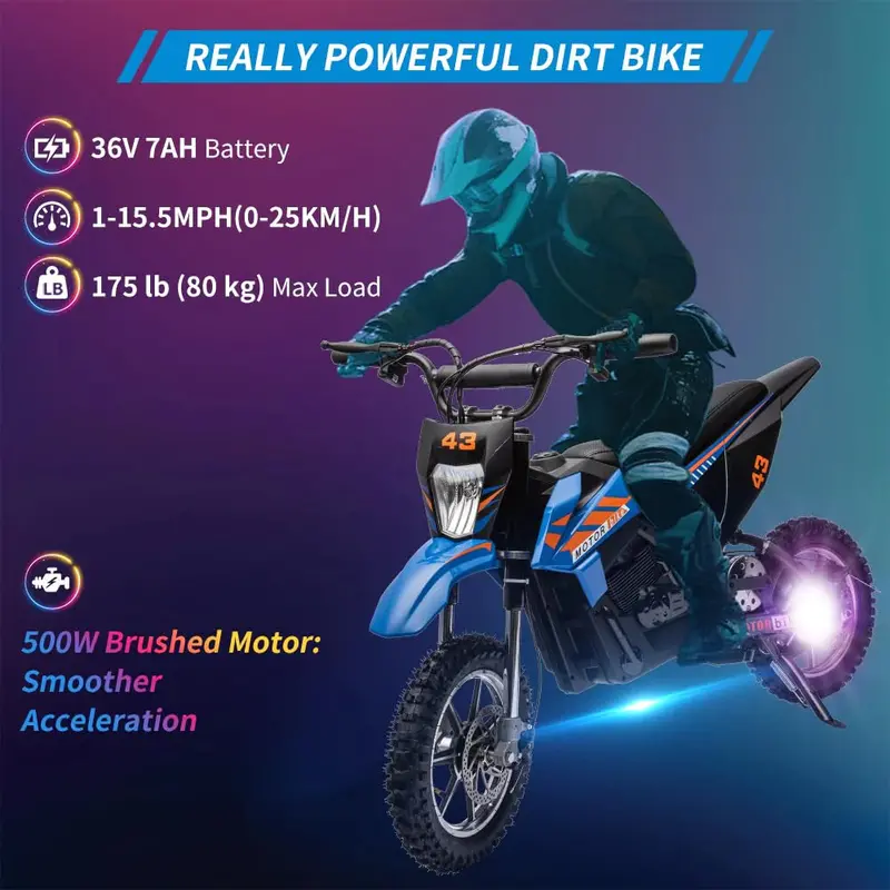 36V Electric Kids’ Dirt Bike — 350W Motor, 15.5 MPH Top Speed, LED Lighting, and 175-Lb Load Capacity (Blue)