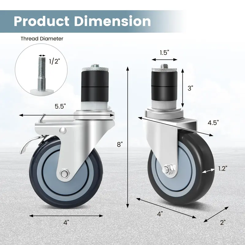 4-Inch Expandable Stem Caster Wheel Set – 4-Pack Including Two Locking Brake Casters