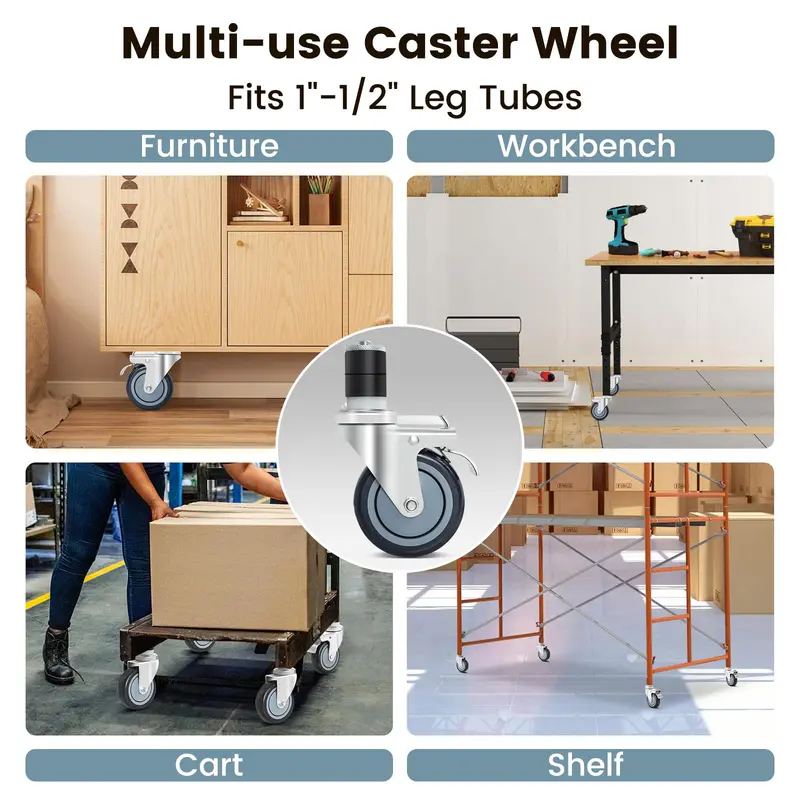 4-Inch Expandable Stem Caster Wheel Set – 4-Pack Including Two Locking Brake Casters