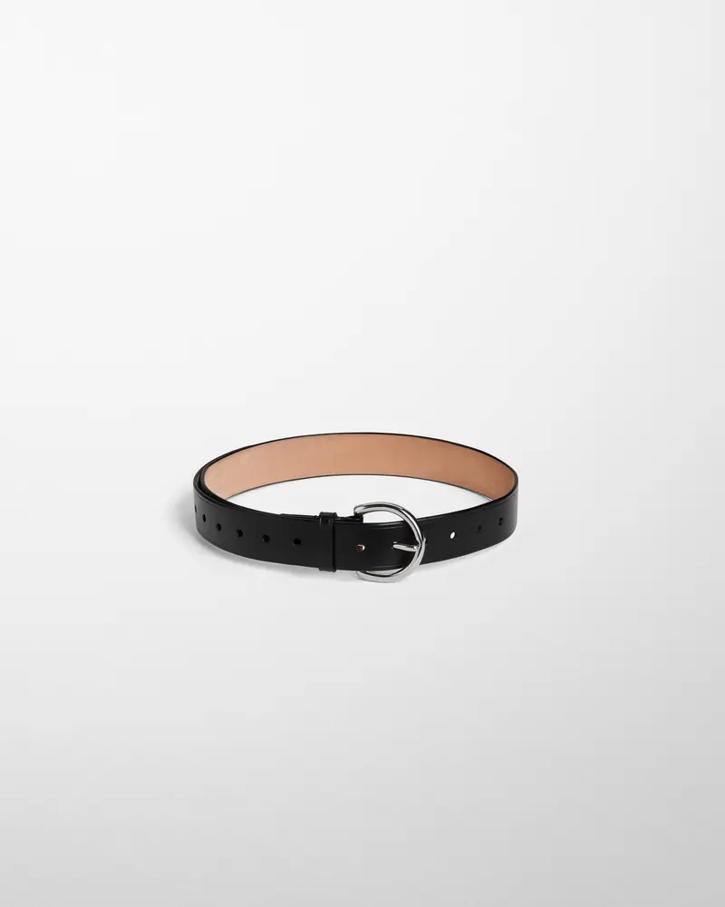40Mm Black Leather Belt With Round Silver-Tone Buckle