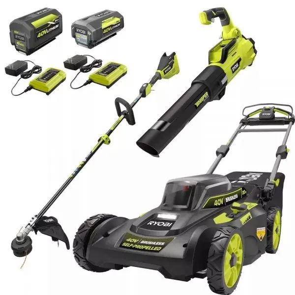 40V Cordless Lawn Care Combo Kit – Self-Propelled Mower, Trimmer, and Blower with Dual Batteries & Chargers