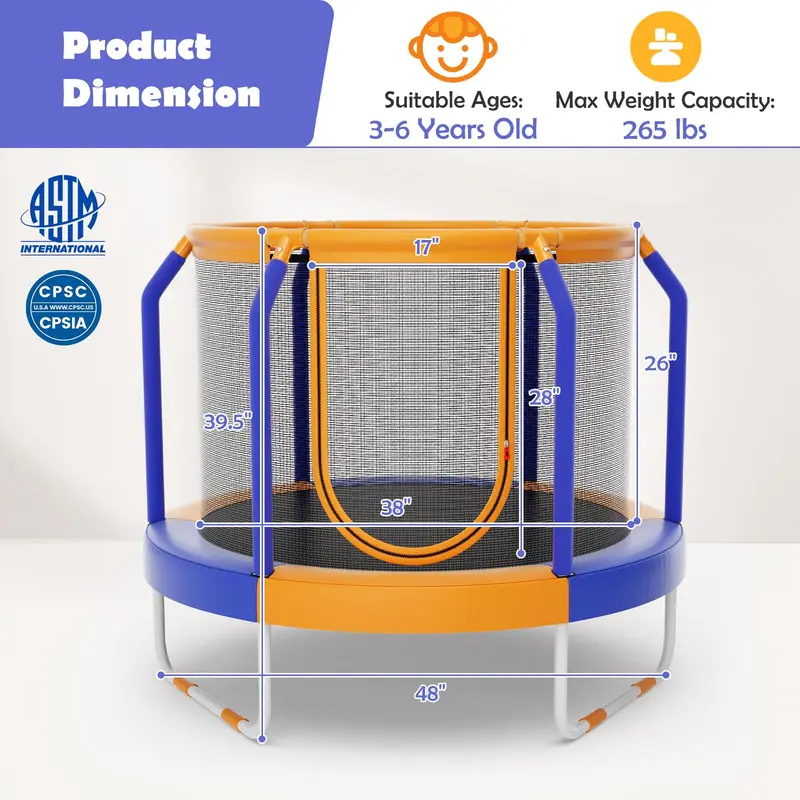 48-Inch ASTM-Certified Trampoline for Kids – Ground-Level Frame with Reinforced Safety Enclosure