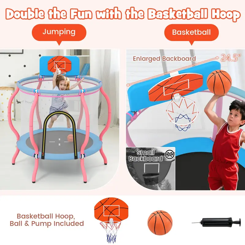 48-Inch Pumpkin-Themed Indoor/Outdoor Trampoline with Basketball Hoop
