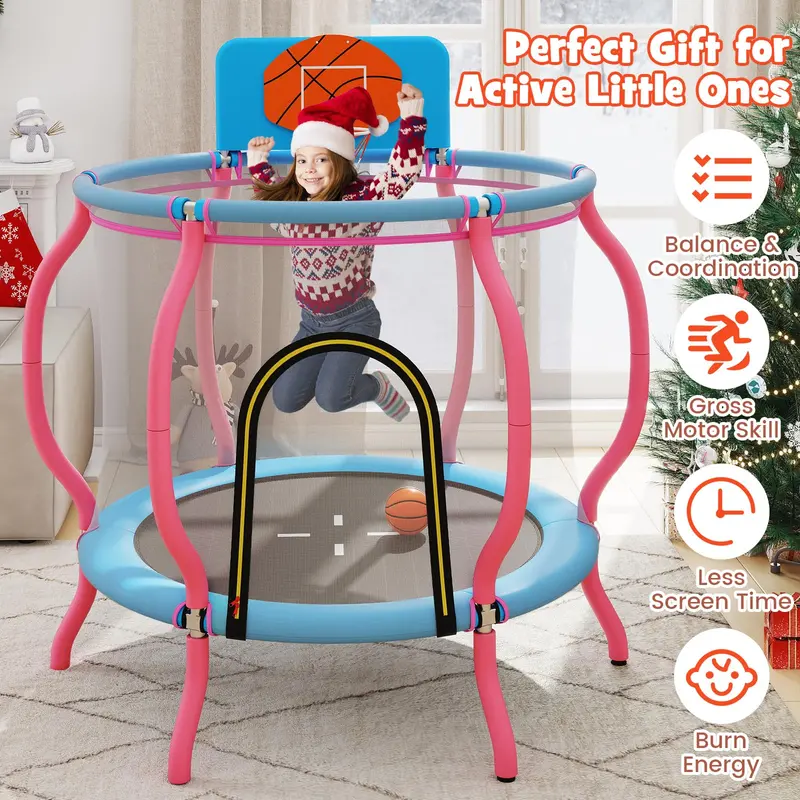48-Inch Pumpkin-Themed Indoor/Outdoor Trampoline with Basketball Hoop