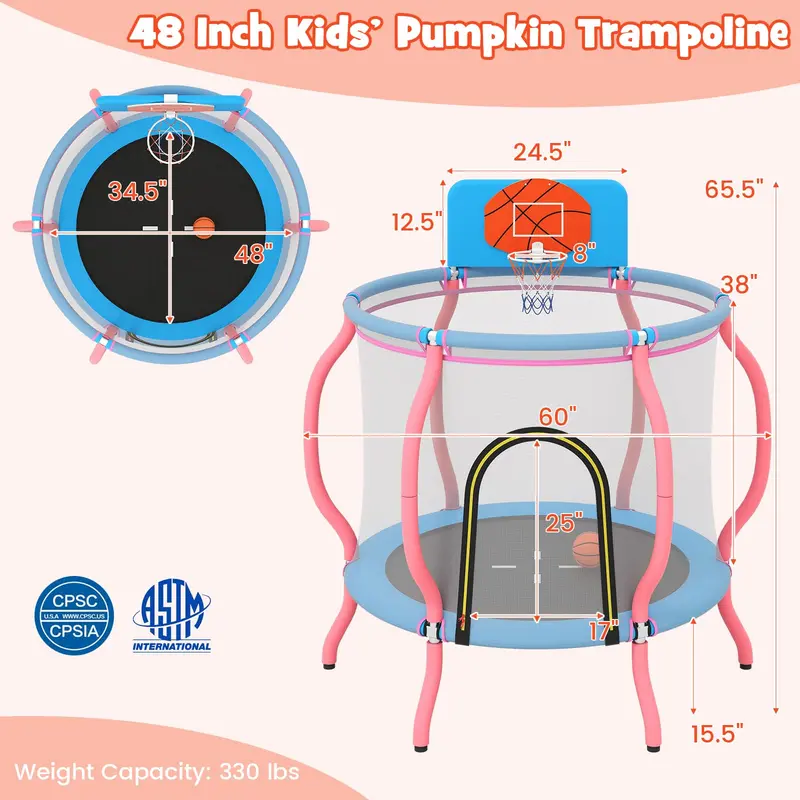 48-Inch Pumpkin-Themed Indoor/Outdoor Trampoline with Basketball Hoop